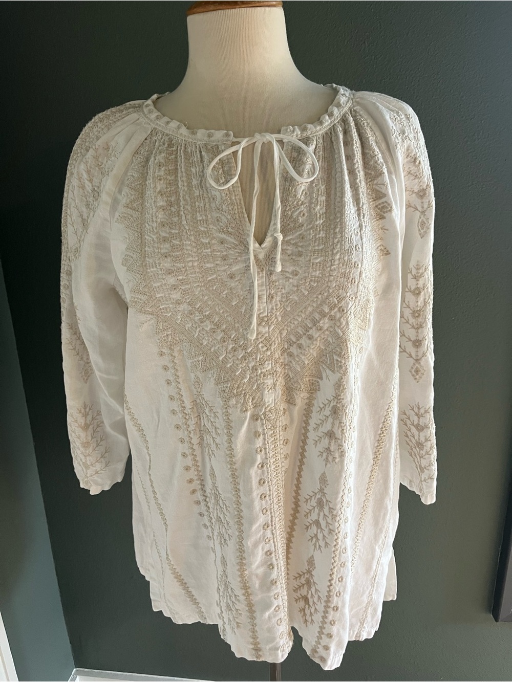 Johnny Was Cream and Taupe Embroidered Boho Tunic Top